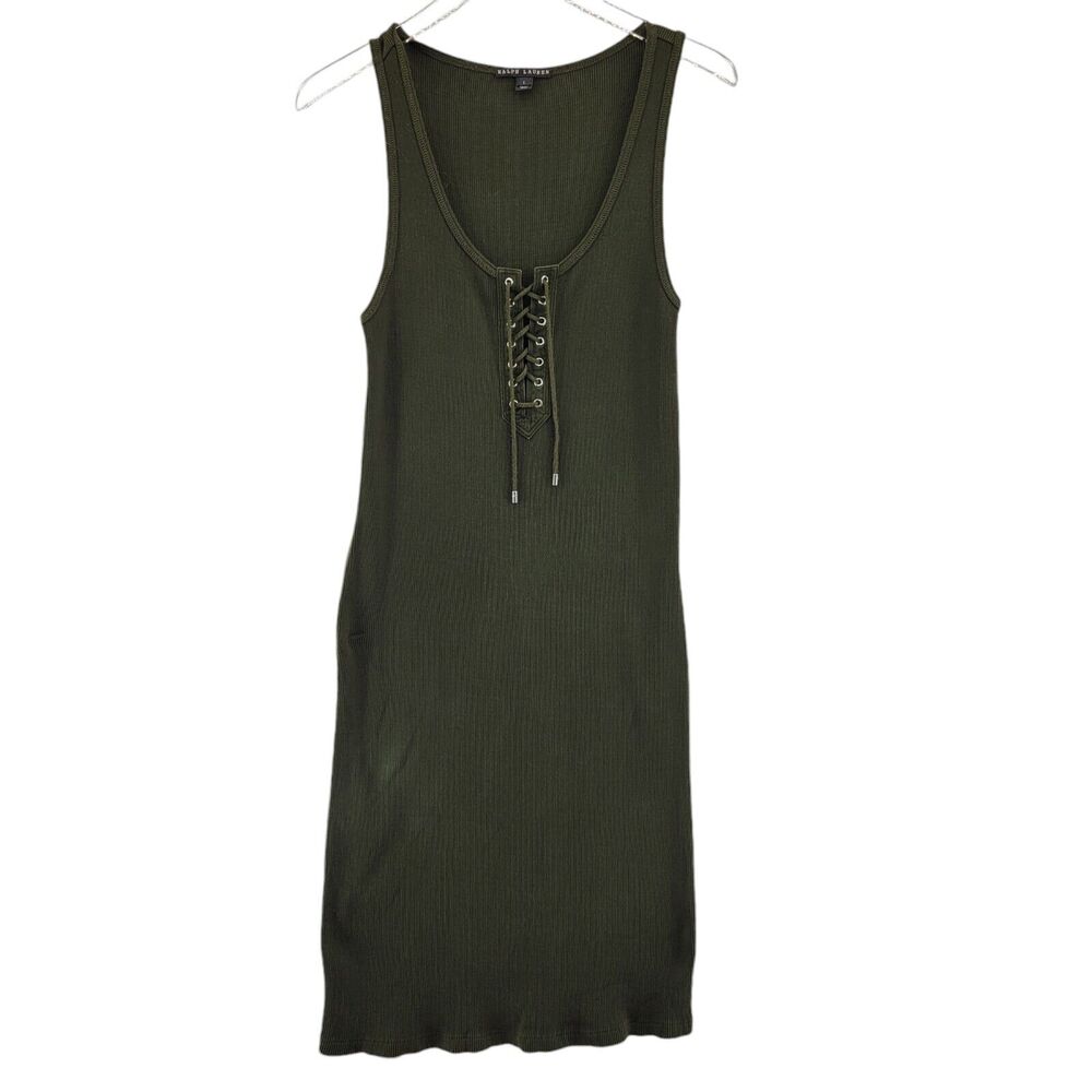 Ralph Lauren Black Label Tank Dress Large Medium Midi Ribbed Knit Olive‎ Green